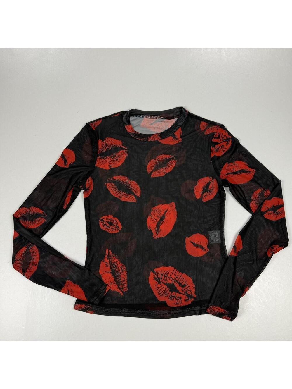 Red lips mesh long sleeve top with red lips print on black background
